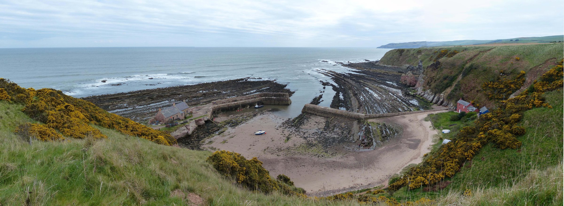 A wide view from the cliff above Cove Harbour, showing the small sandy inlet, rock shelves and North Sea.